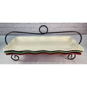 Real Home Christmas Stoneware Lg Serving Platters Set Of Red Green Cream + Stand